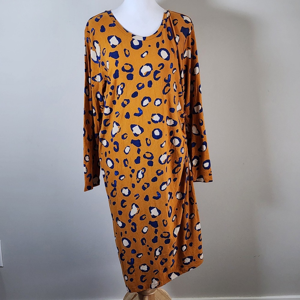 3.1 Phillip Lim Target Ruched Leopard Dress Womens XL Mustard Blue Animal Print
